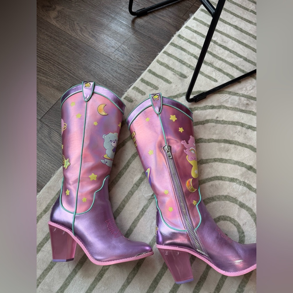 Dolls Kill Purple Heeled Boots with Care Bears